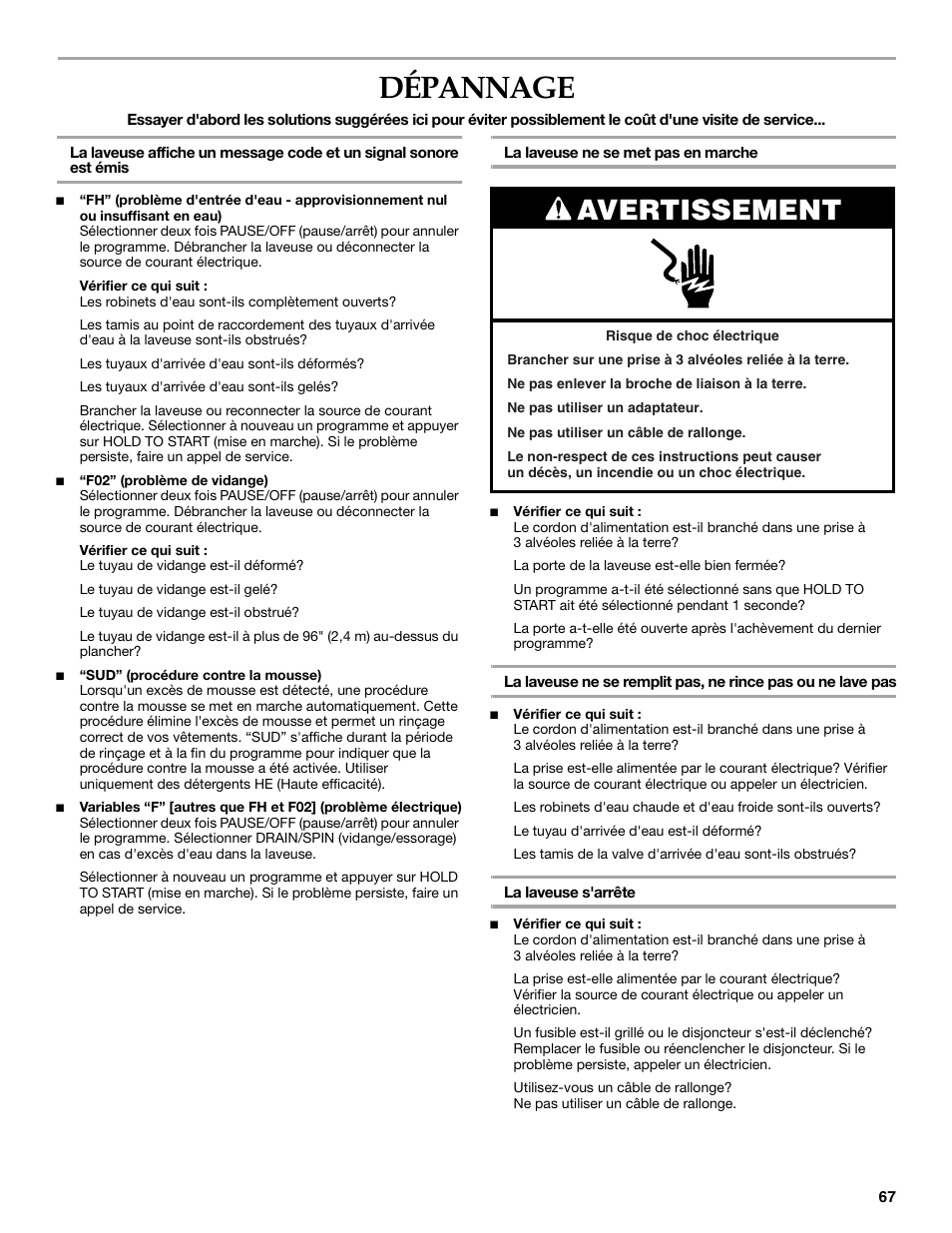 Dépannage, Avertissement | Maytag FRONT-LOADINGAUTOMATICWASHER User Manual | Page 67 / 72