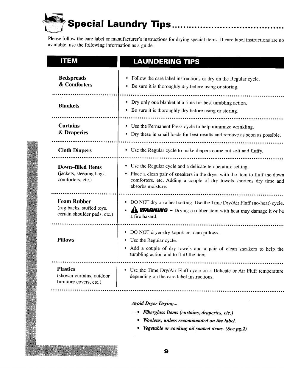 Special laundry tips, Item, Laundering tips | Maytag MD9706 User Manual | Page 10 / 12