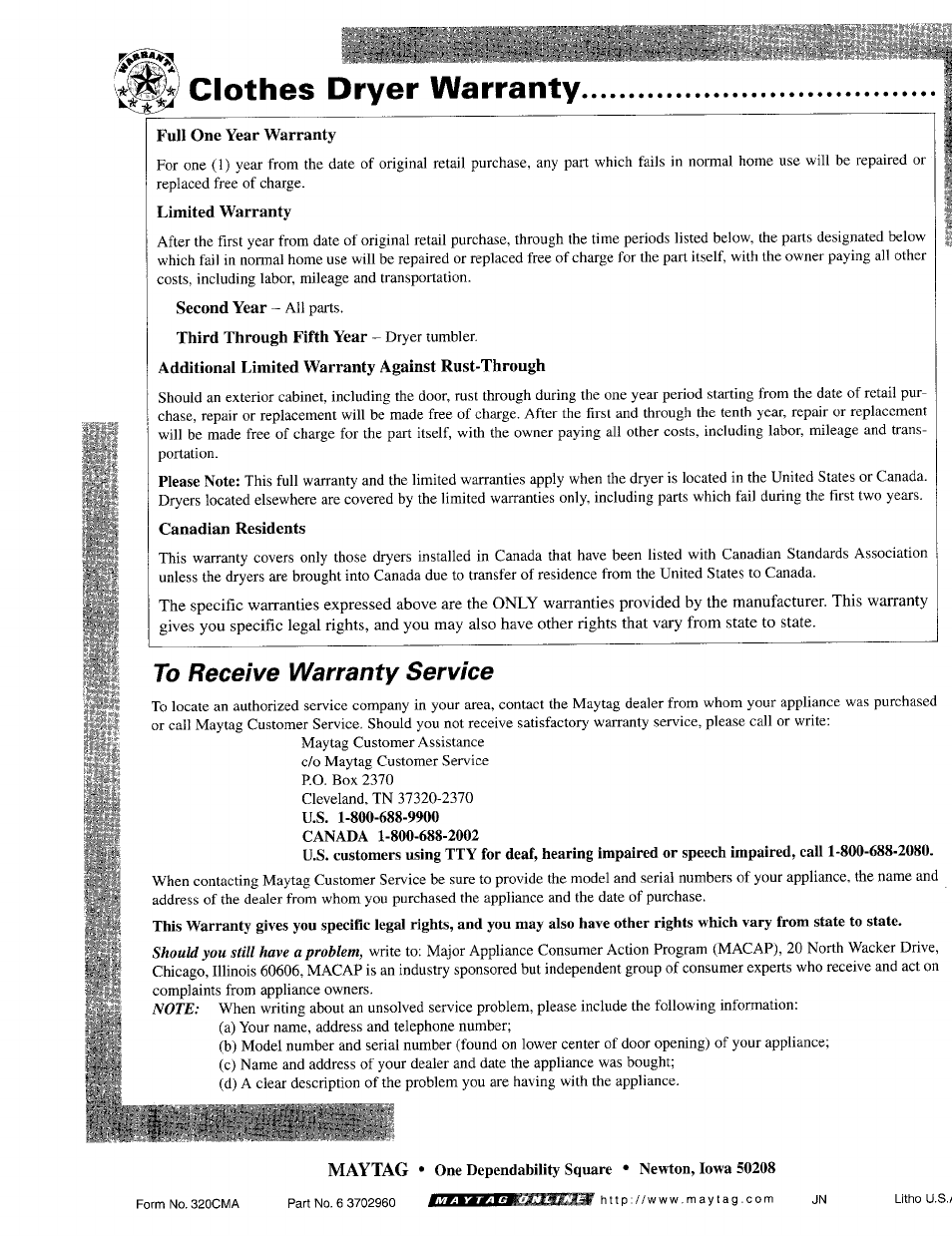 Clothes dryer warranty | Maytag MD9706 User Manual | Page 12 / 12