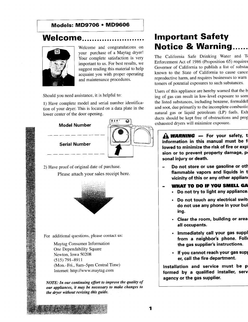 Welcome, Important safety notice & warning | Maytag MD9706 User Manual | Page 2 / 12