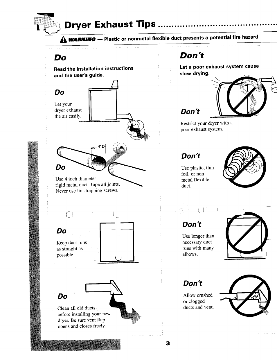 Don't, Dryer exhaust tips | Maytag MD9706 User Manual | Page 4 / 12