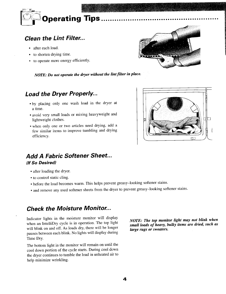 Operating tips, Load the dryer properly, Add a fabric softener sheet | Check the moisture monitor, Clean the lint filter | Maytag MD9706 User Manual | Page 5 / 12
