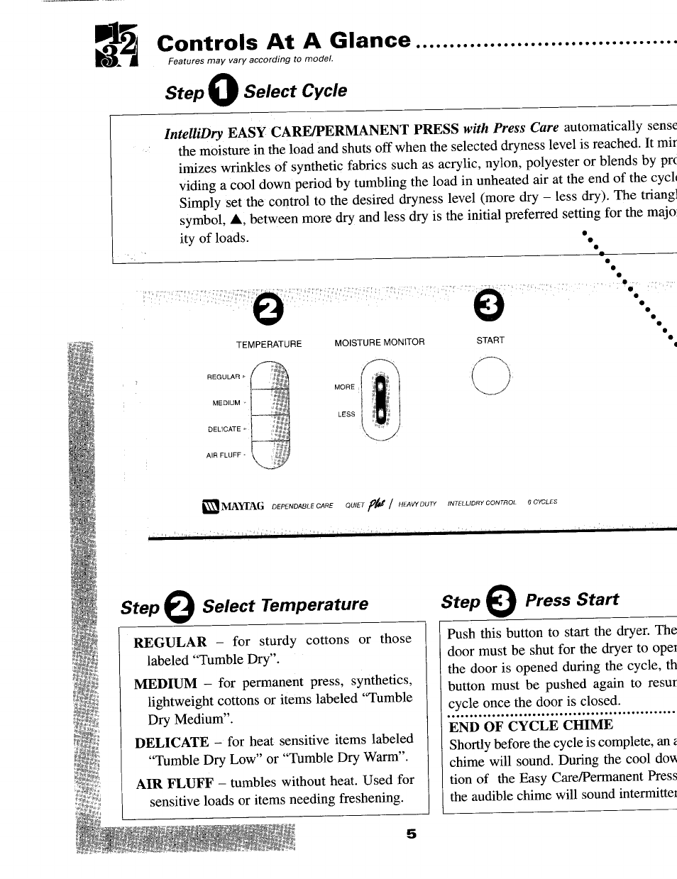 Controls at a glance, Step ^ select cycle, Step q select temperature step © press start | Maytag MD9706 User Manual | Page 6 / 12