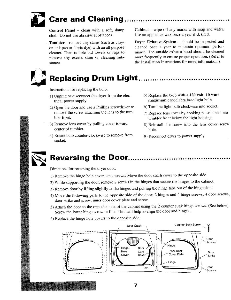 Care and cleaning, Replacing drum light, Reversing the door | Maytag MD9706 User Manual | Page 8 / 12