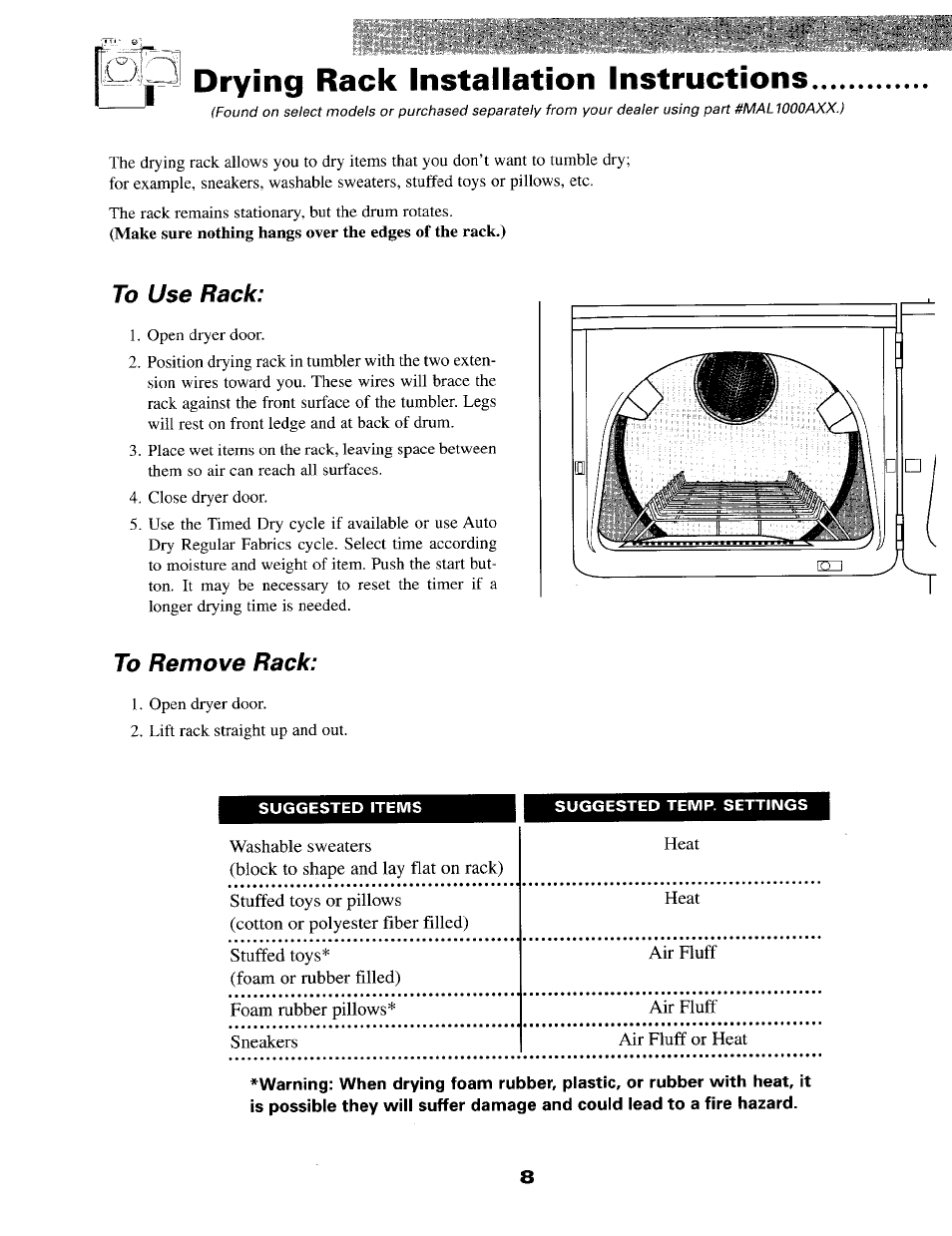 Drying rack installation instructions, To use rack, To remove rack | Maytag MD9706 User Manual | Page 9 / 12