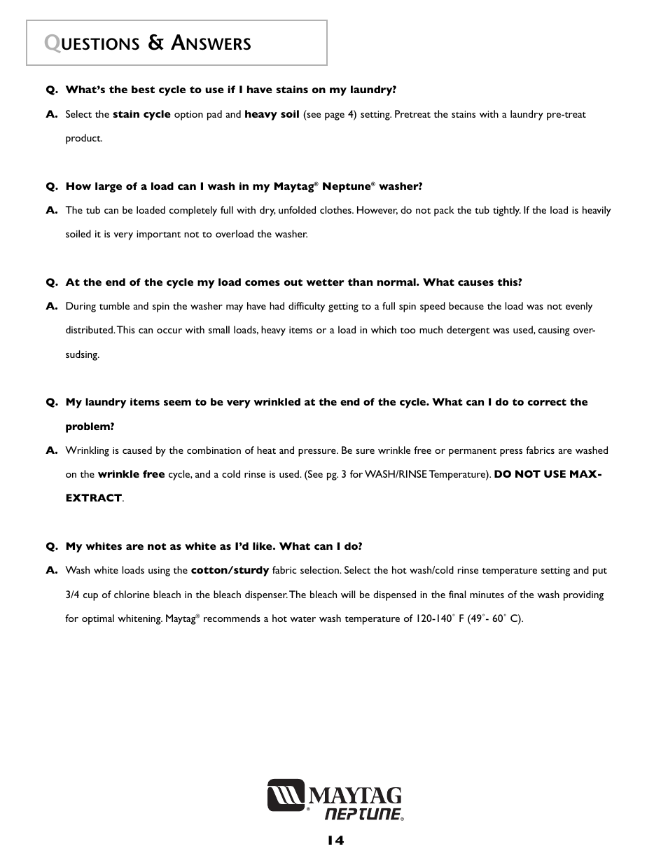 Uestions, Nswers | Maytag MAH-1 User Manual | Page 15 / 52