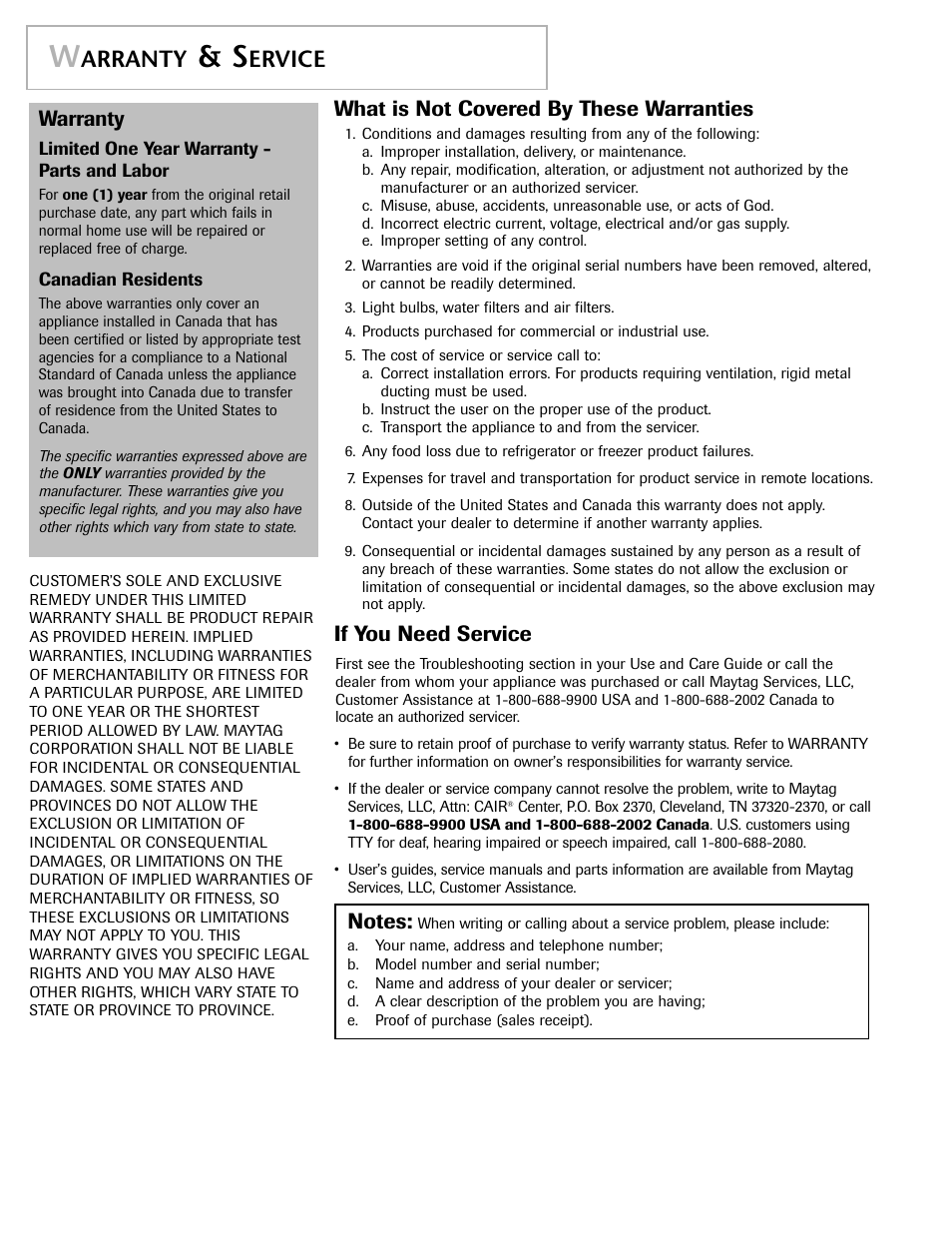 Arranty, Ervice, Warranty | What is not covered by these warranties, If you need service | Maytag MAH-1 User Manual | Page 16 / 52