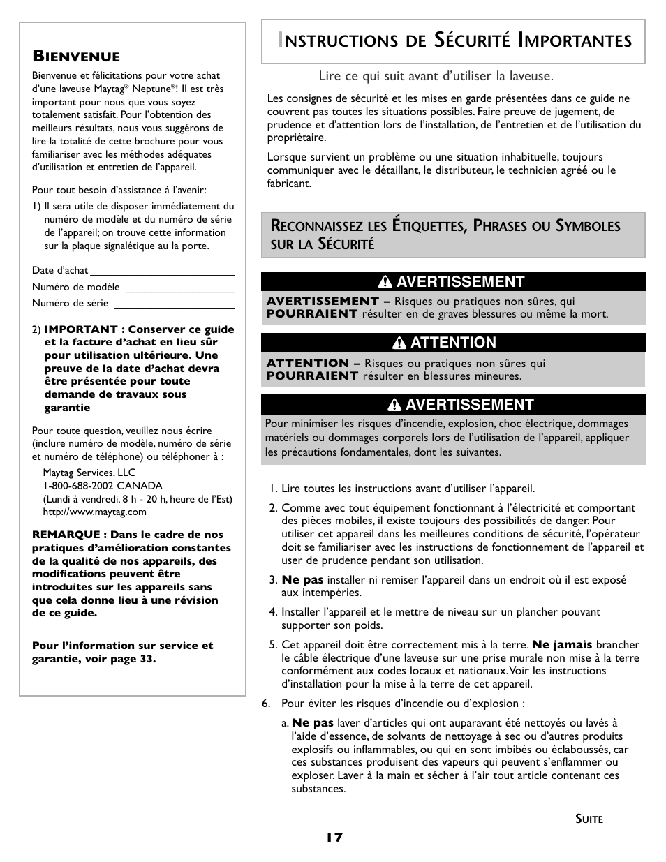 Nstructions de, Écurité, Mportantes | Avertissement attention, Avertissement | Maytag MAH-1 User Manual | Page 18 / 52