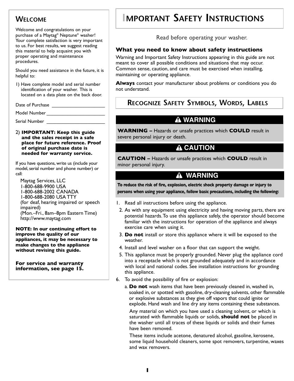 Mportant, Afety, Nstructions | Maytag MAH-1 User Manual | Page 2 / 52