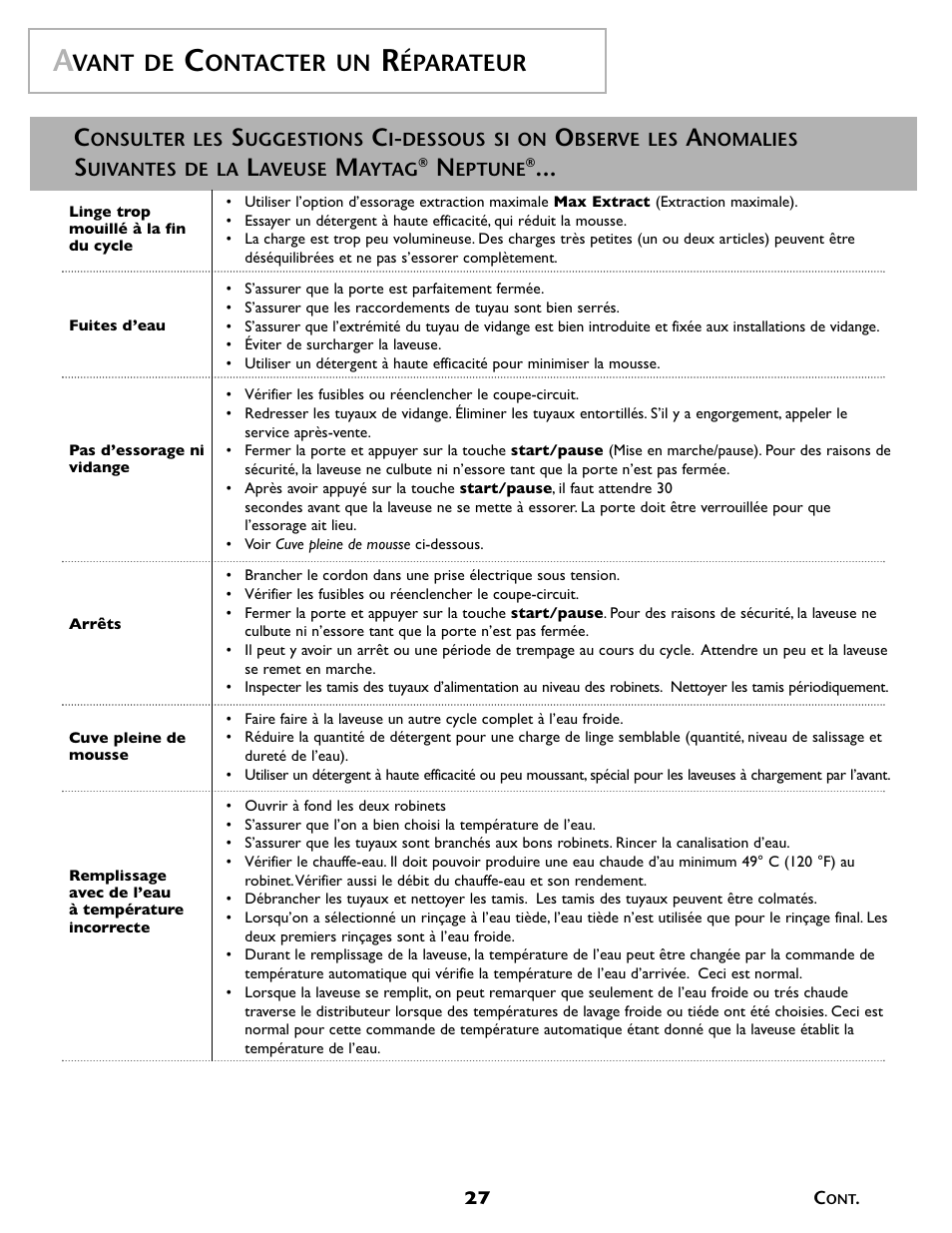 Vant de, Ontacter un, Éparateur | Maytag MAH-1 User Manual | Page 28 / 52