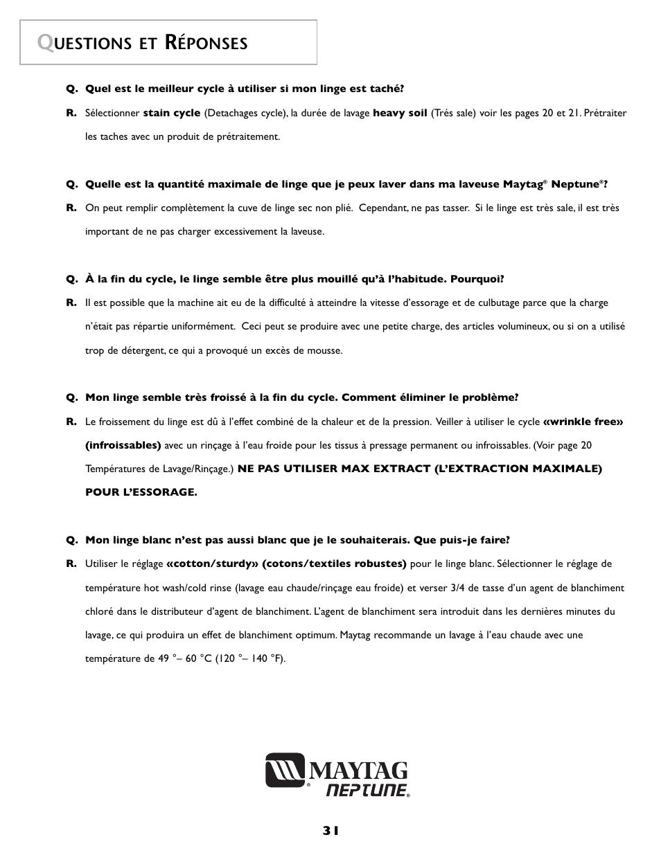 Uestions et, Éponses | Maytag MAH-1 User Manual | Page 32 / 52