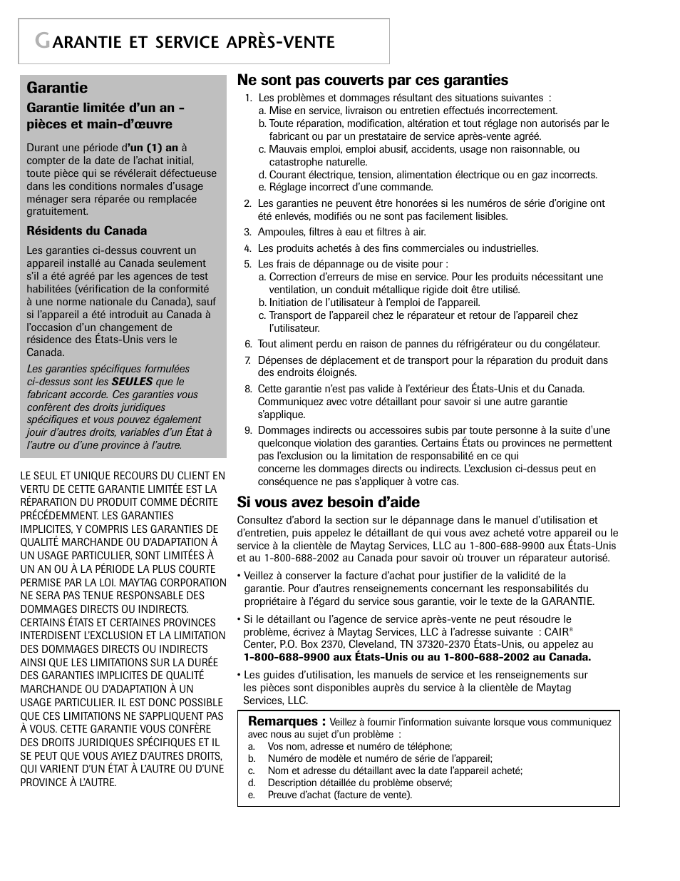 Arantie et service après, Vente, Garantie | Ne sont pas couverts par ces garanties, Si vous avez besoin d’aide | Maytag MAH-1 User Manual | Page 34 / 52