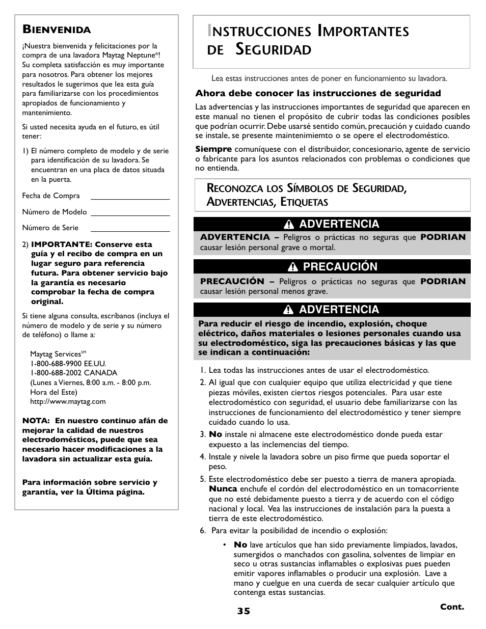 Nstrucciones, Mportantes de, Eguridad | Maytag MAH-1 User Manual | Page 36 / 52