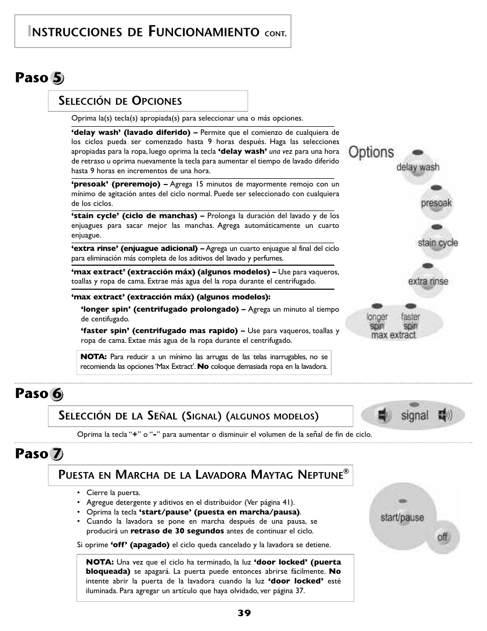 Paso 6, Paso 7, Paso 5 | Nstrucciones de, Uncionamiento | Maytag MAH-1 User Manual | Page 40 / 52