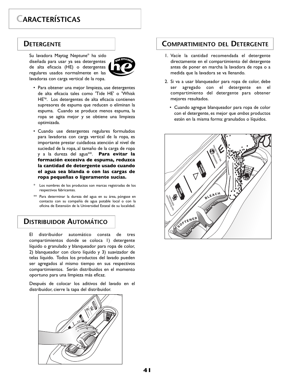 Aracterísticas, Etergente, Istribuidor | Utomático, Ompartimiento del | Maytag MAH-1 User Manual | Page 42 / 52