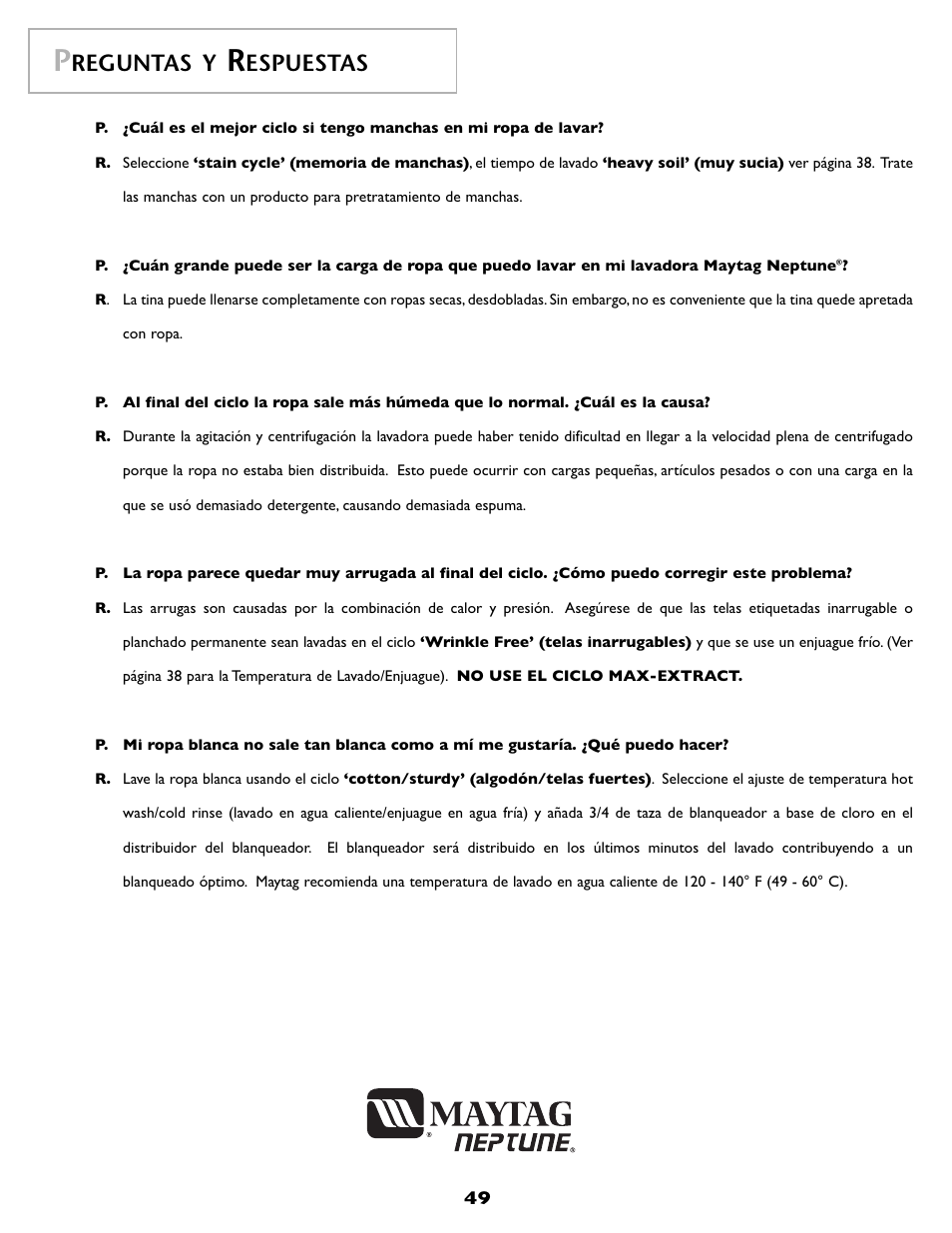 Reguntas y, Espuestas | Maytag MAH-1 User Manual | Page 50 / 52