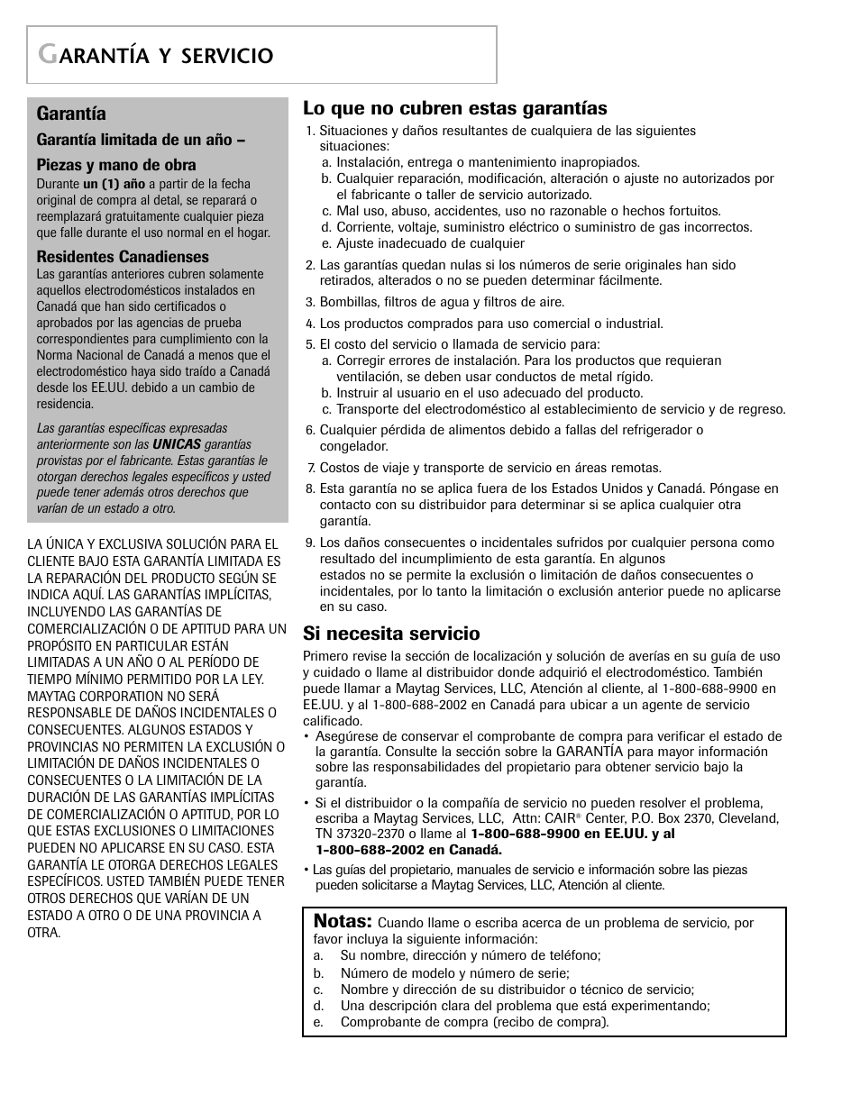 Arantía y servicio, Lo que no cubren estas garantías, Si necesita servicio | Garantía, Notas | Maytag MAH-1 User Manual | Page 52 / 52