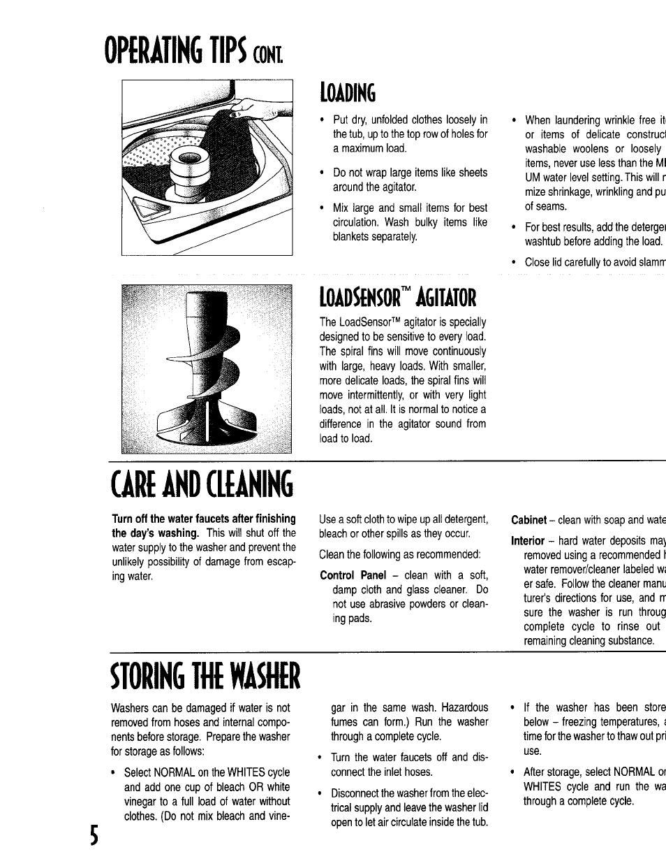 Operating tips coni, Loading, Loadstnsor" agita1dr | Ureakdafaning, Storing m mr, Operating tips, Storing, Coni | Maytag MAV77 User Manual | Page 6 / 8