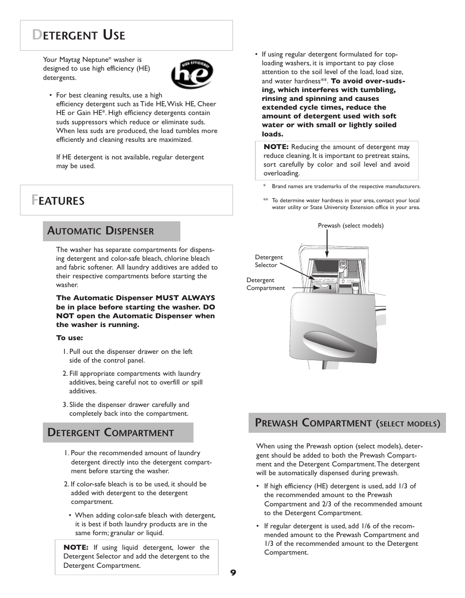 Etergent, Eatures | Maytag Neptune Washer MAH-3 User Manual | Page 10 / 48
