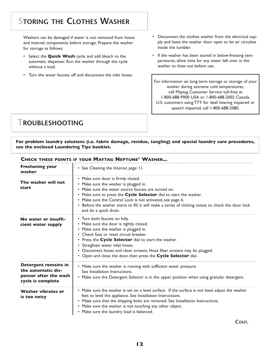 Toring the, Lothes, Asher | Roubleshooting | Maytag Neptune Washer MAH-3 User Manual | Page 13 / 48