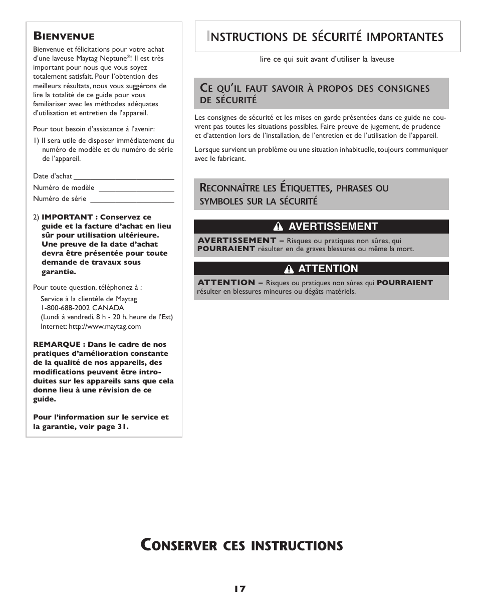 Onserver ces instructions, Nstructions de sécurité importantes, Avertissement attention | Maytag Neptune Washer MAH-3 User Manual | Page 18 / 48