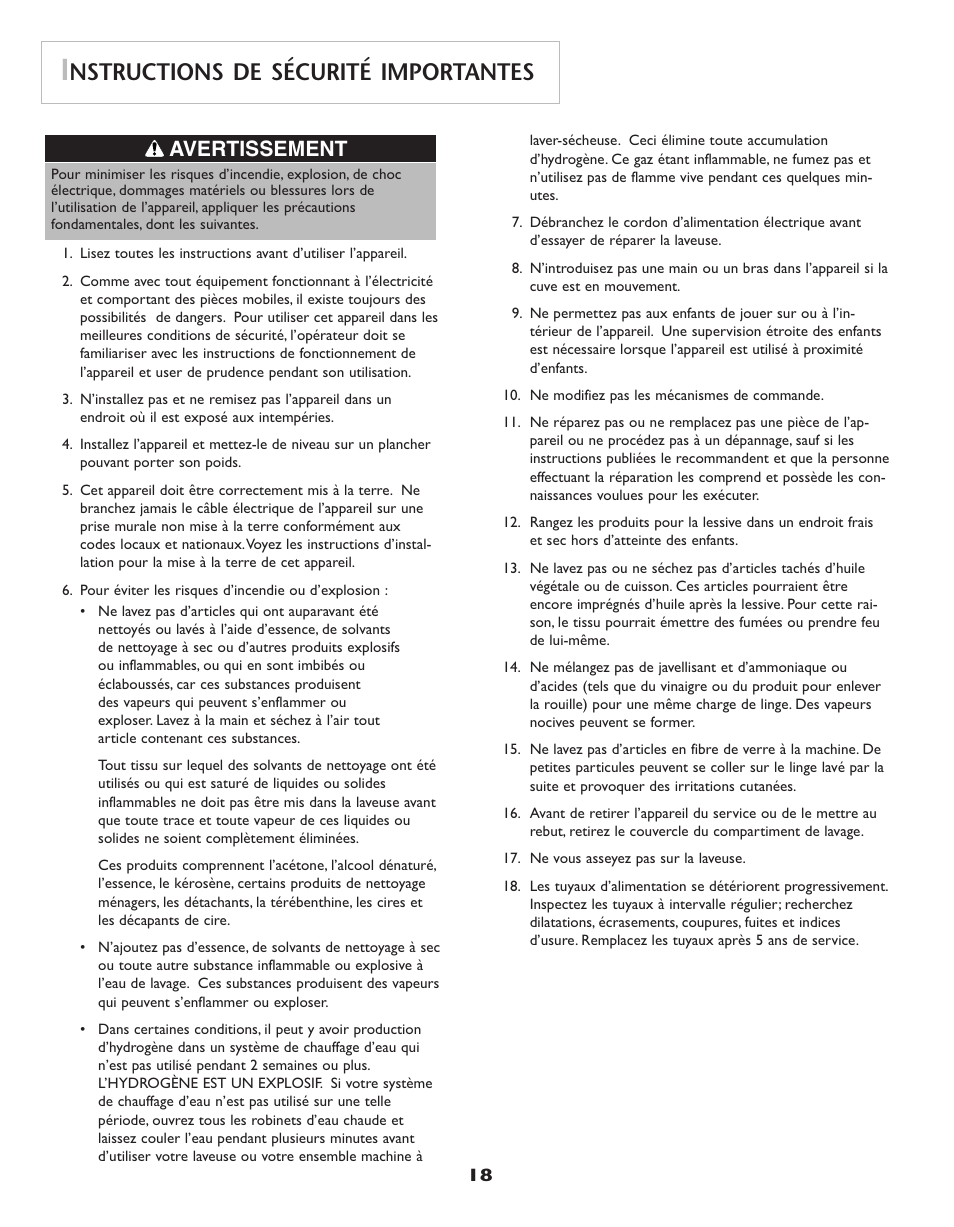 Nstructions de sécurité importantes, Avertissement | Maytag Neptune Washer MAH-3 User Manual | Page 19 / 48