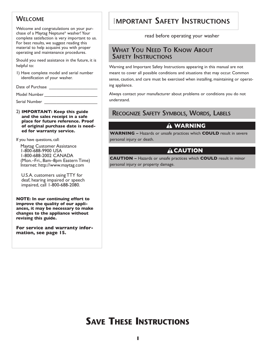 Hese, Nstructions | Maytag Neptune Washer MAH-3 User Manual | Page 2 / 48