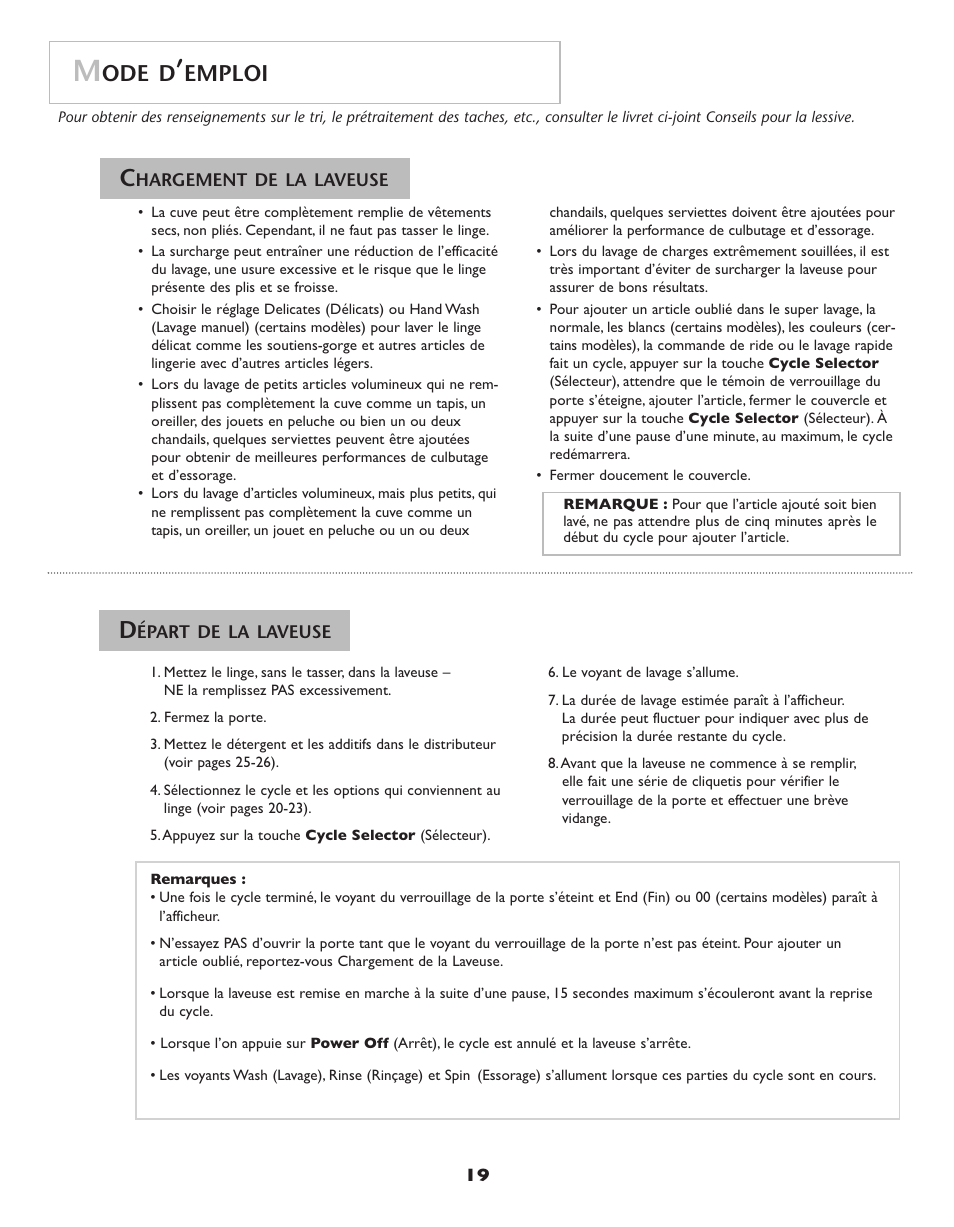 Ode d, Emploi | Maytag Neptune Washer MAH-3 User Manual | Page 20 / 48