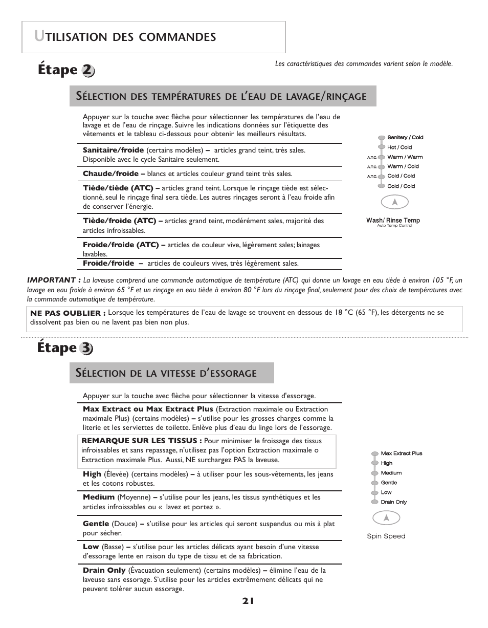 Étape 3, Étape 2, Tilisation des commandes | Maytag Neptune Washer MAH-3 User Manual | Page 22 / 48