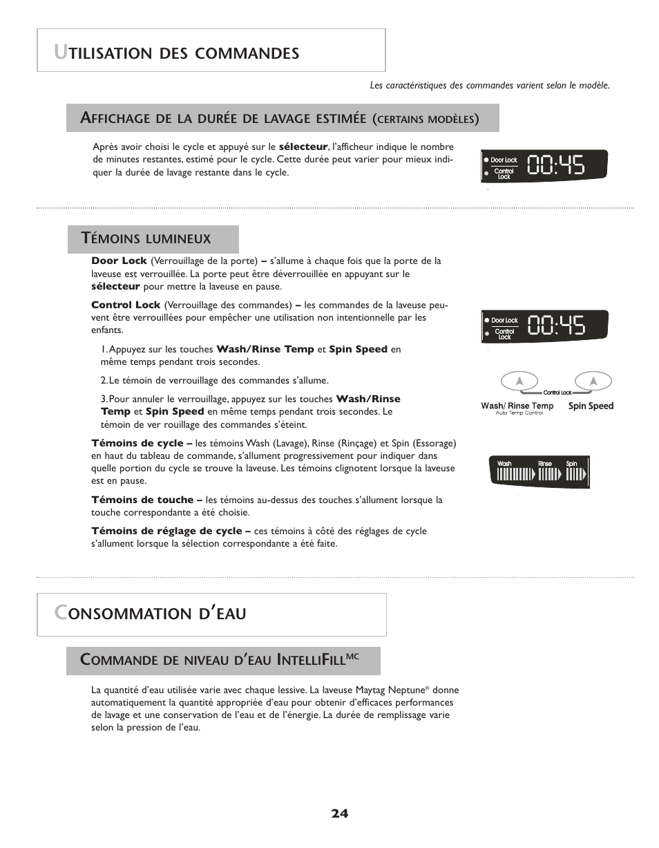 Tilisation des commandes, Onsommation d | Maytag Neptune Washer MAH-3 User Manual | Page 25 / 48