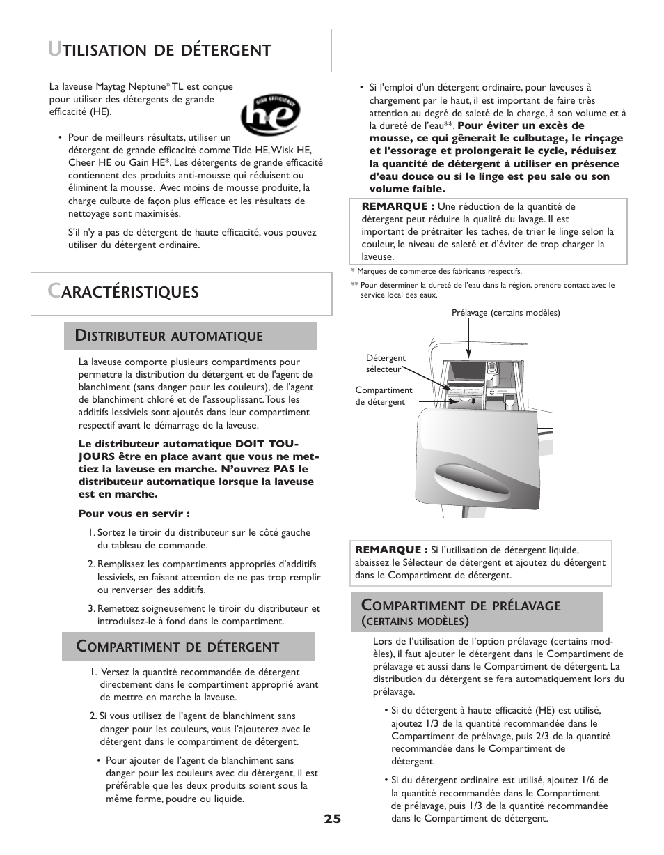Aractéristiques, Tilisation de détergent | Maytag Neptune Washer MAH-3 User Manual | Page 26 / 48