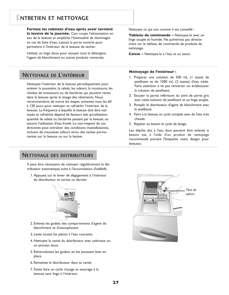 Ntretien et nettoyage, Ettoyage de, Intérieur | Ettoyage des distributeurs | Maytag Neptune Washer MAH-3 User Manual | Page 28 / 48