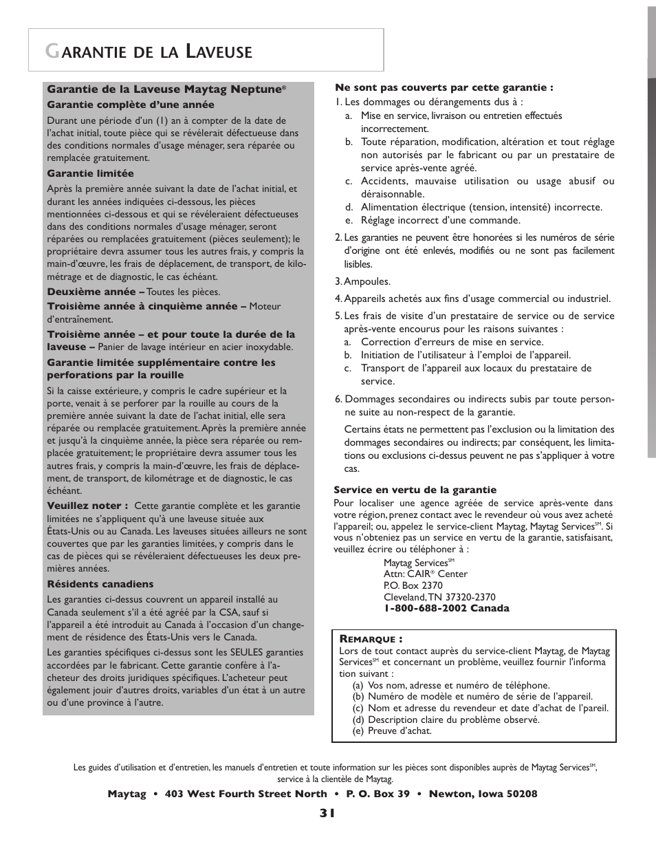 Ay t a g, Arantie de la, Aveuse | Maytag Neptune Washer MAH-3 User Manual | Page 32 / 48