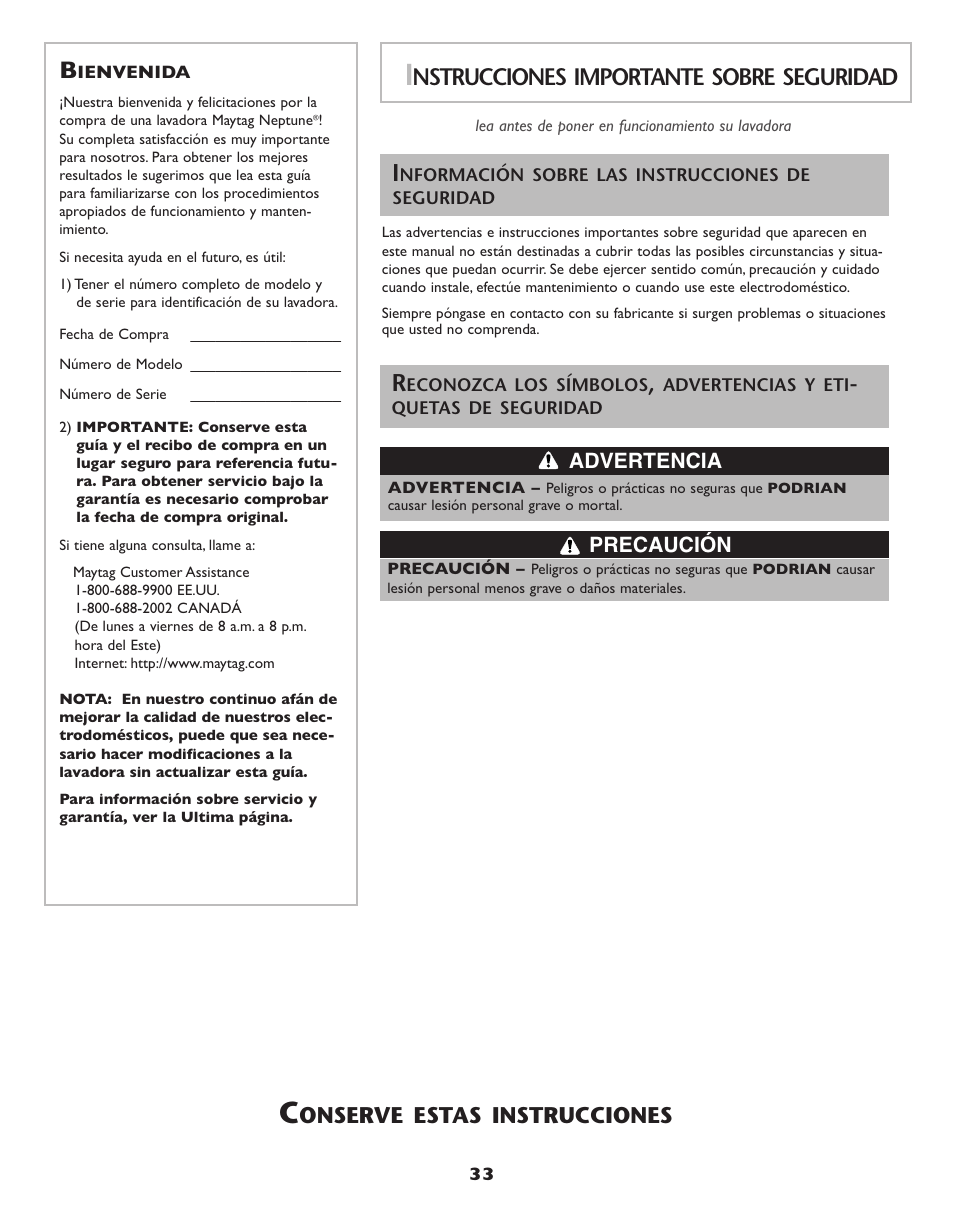 Nstrucciones importante sobre seguridad, Onserve estas instrucciones, Advertencia precaución | Maytag Neptune Washer MAH-3 User Manual | Page 34 / 48