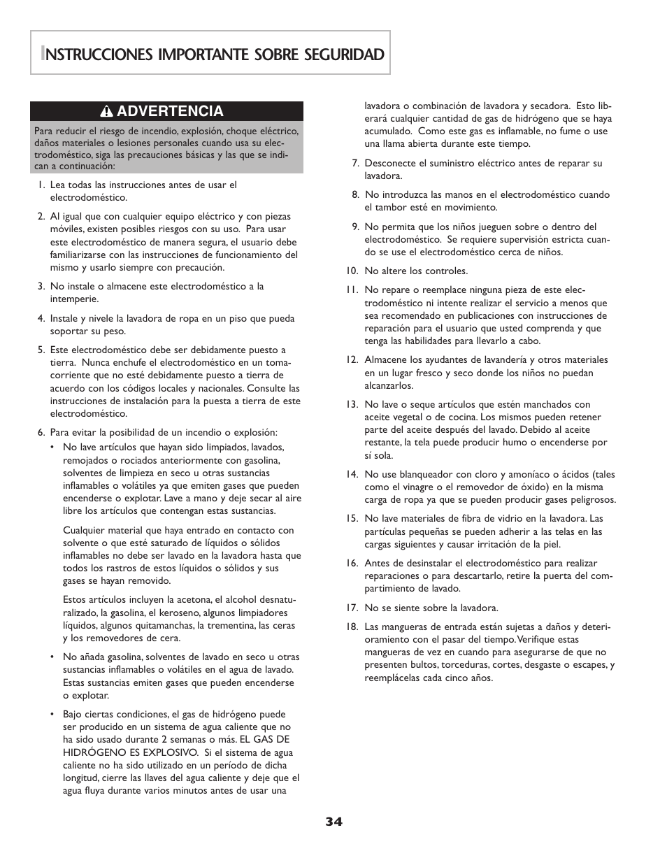 Nstrucciones importante sobre seguridad, Advertencia | Maytag Neptune Washer MAH-3 User Manual | Page 35 / 48