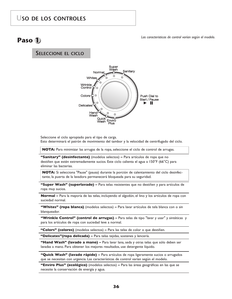 Paso 1, So de los controles | Maytag Neptune Washer MAH-3 User Manual | Page 37 / 48