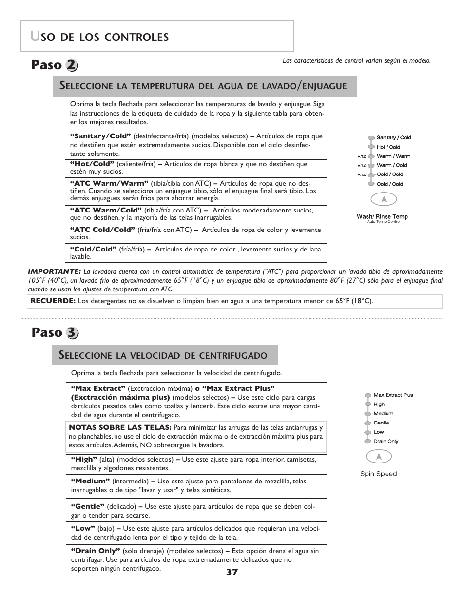 Paso 2, Paso 3, So de los controles | Maytag Neptune Washer MAH-3 User Manual | Page 38 / 48