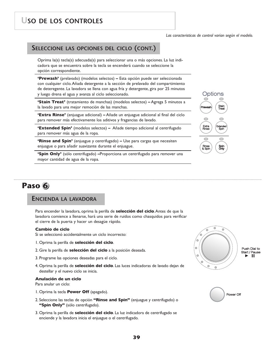 Paso 6, So de los controles | Maytag Neptune Washer MAH-3 User Manual | Page 40 / 48