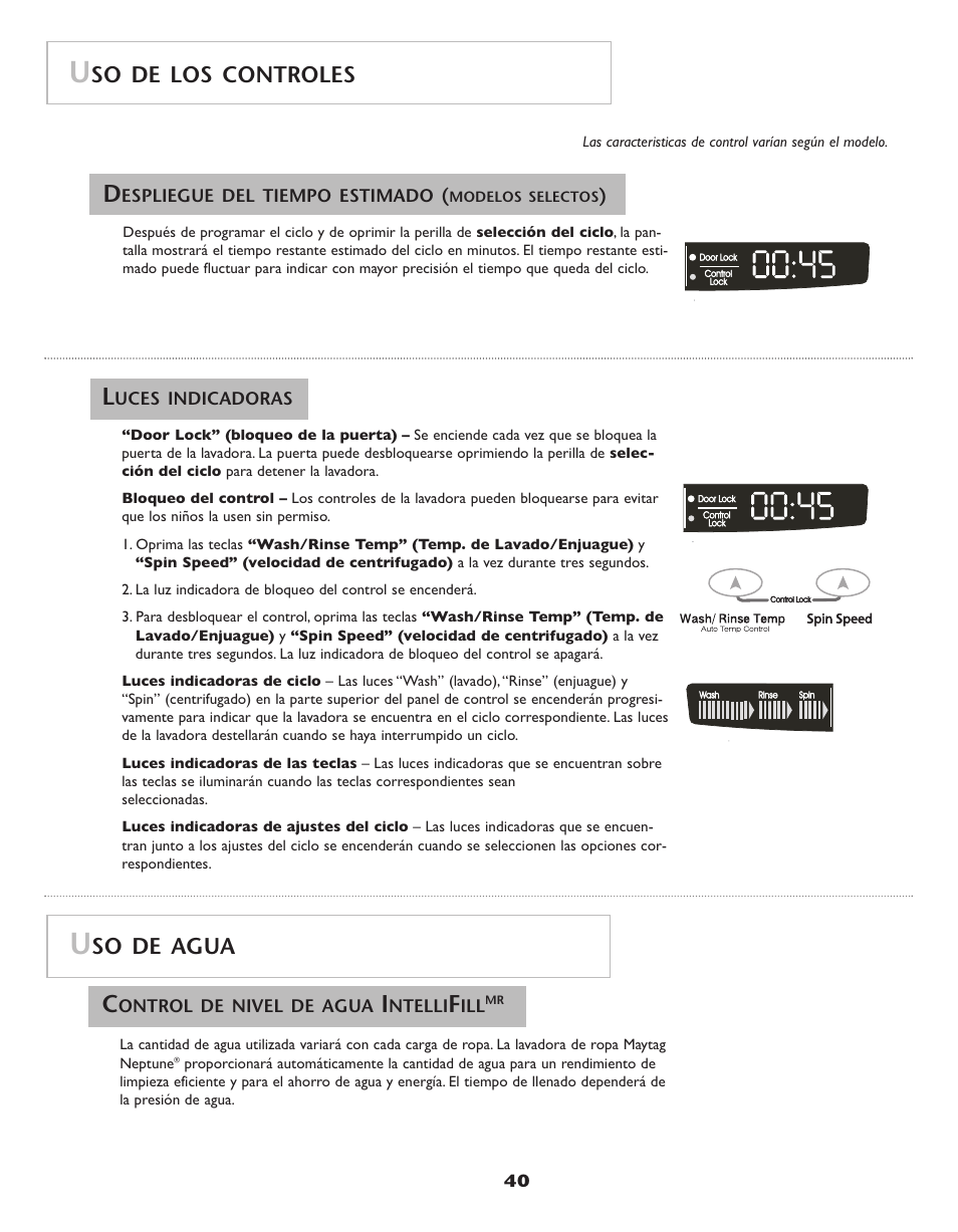 So de agua, So de los controles | Maytag Neptune Washer MAH-3 User Manual | Page 41 / 48