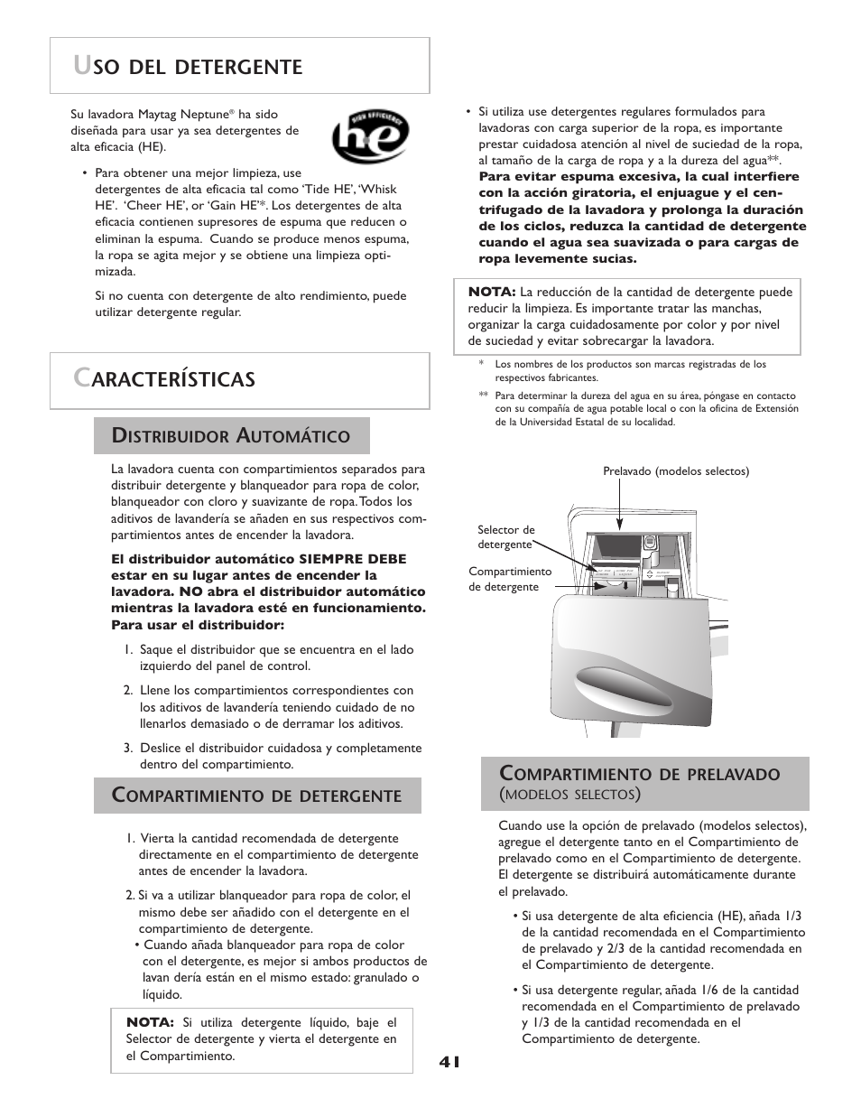 Aracterísticas, So del detergente | Maytag Neptune Washer MAH-3 User Manual | Page 42 / 48