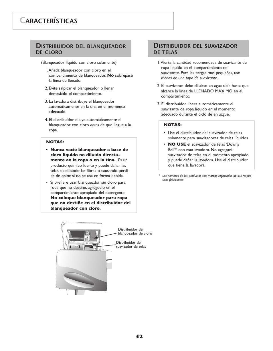 Aracterísticas, Istribuidor del blanqueador de cloro, Istribuidor del suavizador de telas | Maytag Neptune Washer MAH-3 User Manual | Page 43 / 48