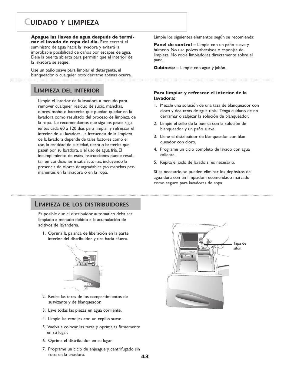 Uidado y limpieza, Impieza del interior, Impieza de los distribuidores | Maytag Neptune Washer MAH-3 User Manual | Page 44 / 48