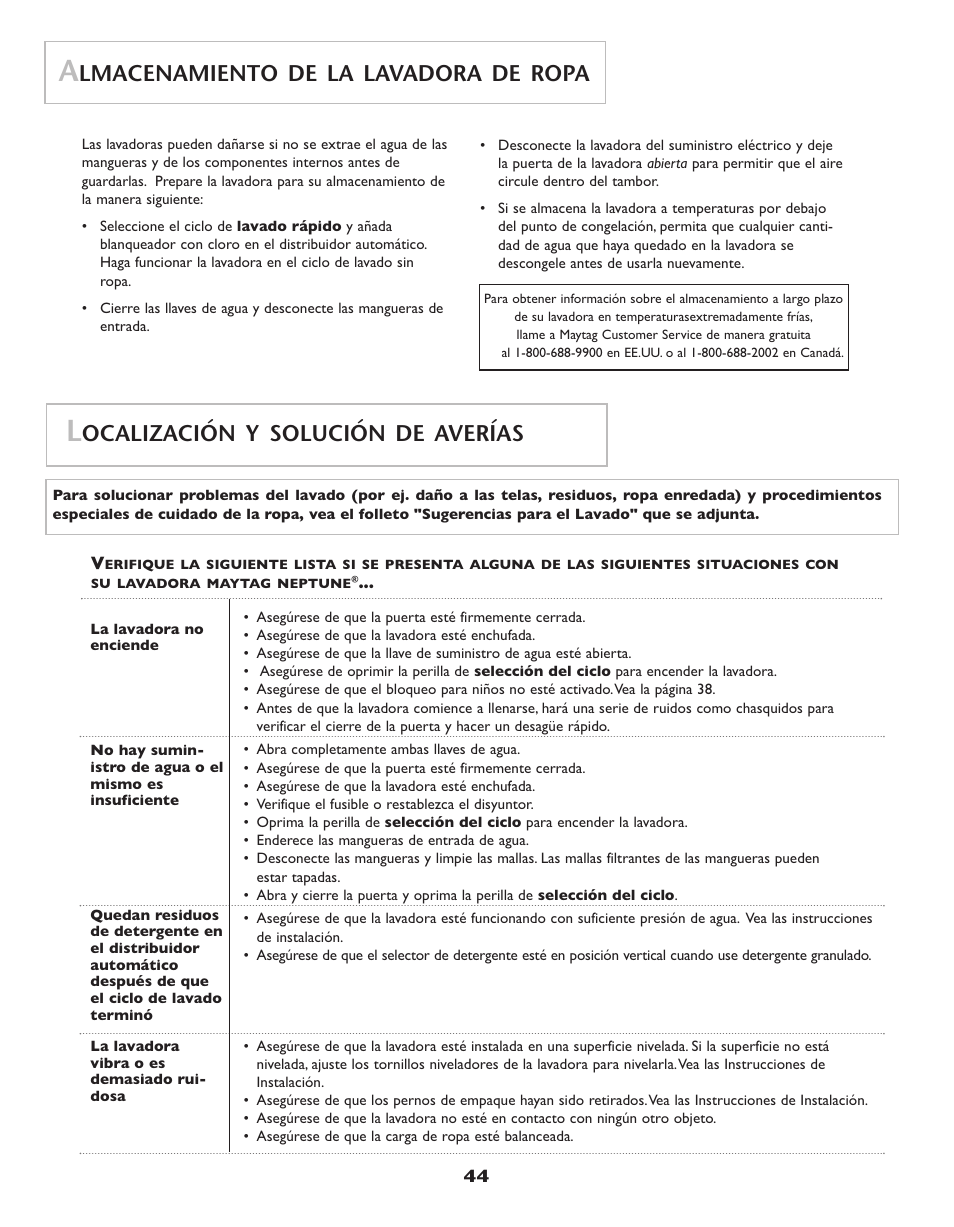 Lmacenamiento de la lavadora de ropa, Ocalización y solución de averías | Maytag Neptune Washer MAH-3 User Manual | Page 45 / 48
