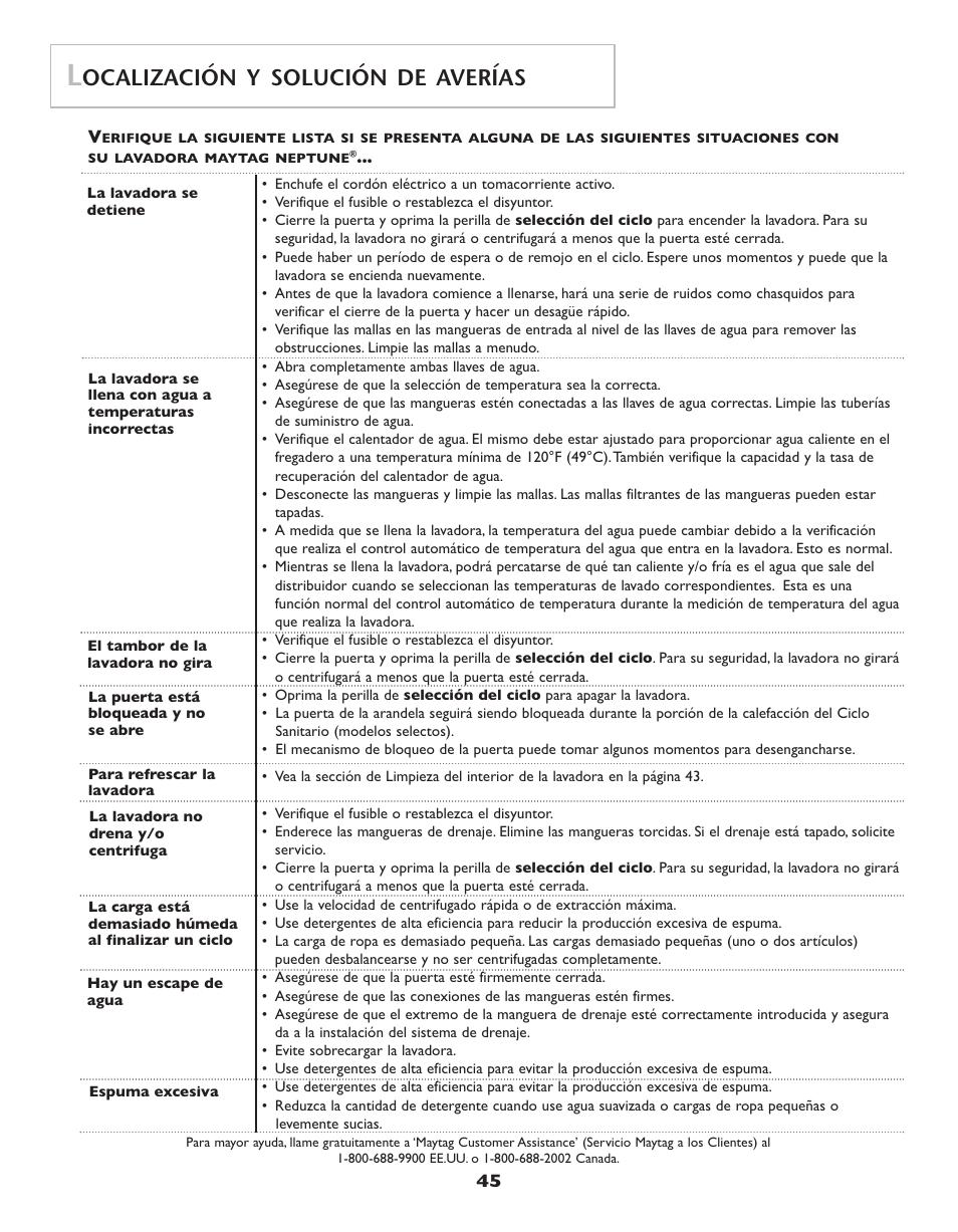 Ocalización y solución de averías | Maytag Neptune Washer MAH-3 User Manual | Page 46 / 48