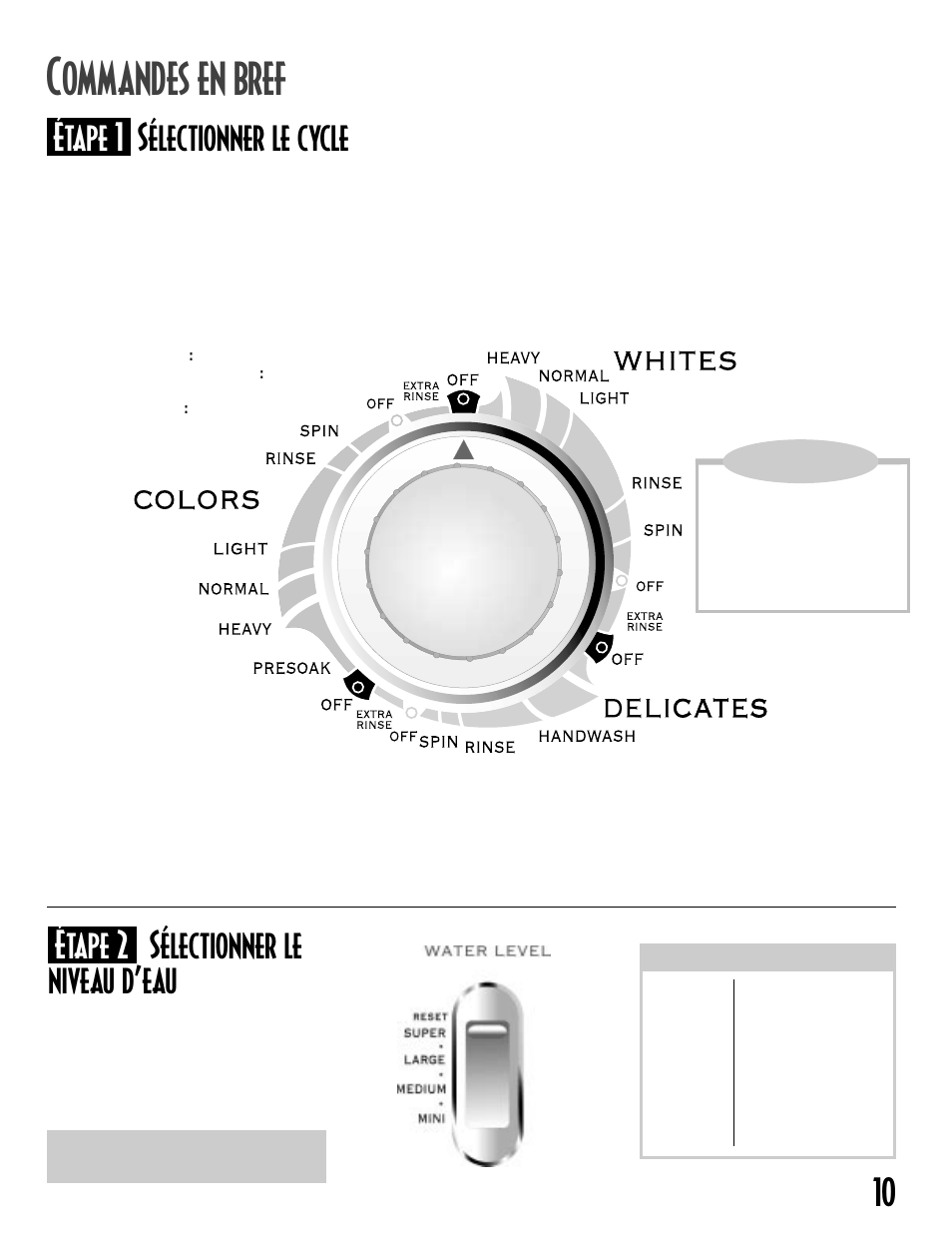 Ommandes en bref, 10 étape 1 sélectionner le cycle, Étape 2 sélectionner le niveau d’eau | Maytag MAV-19 User Manual | Page 11 / 24