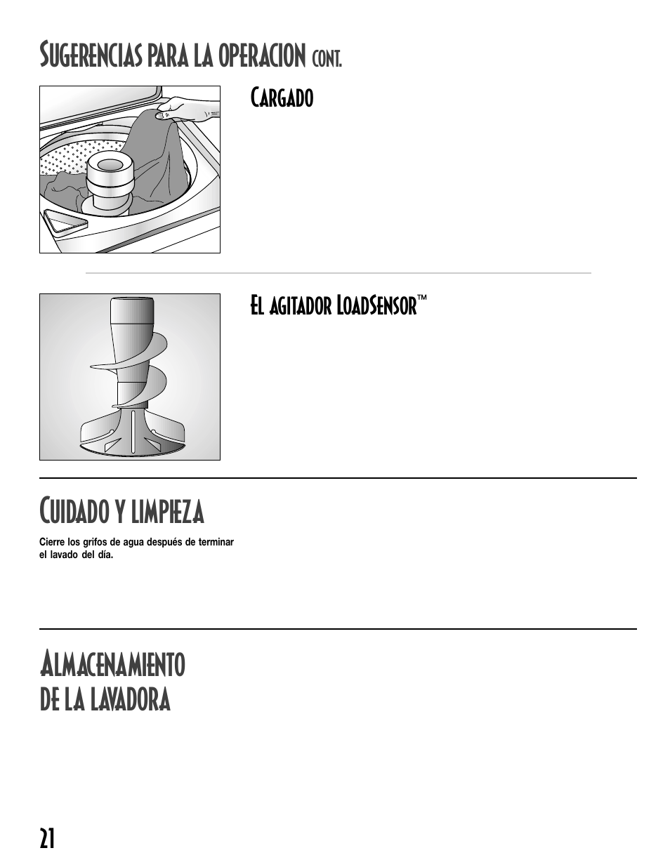 Uidado y limpieza, Lmacenamiento de la lavadora, Ugerencias para la operacion | 21 cargado, El agitador loadsensor, Cont | Maytag MAV-19 User Manual | Page 22 / 24