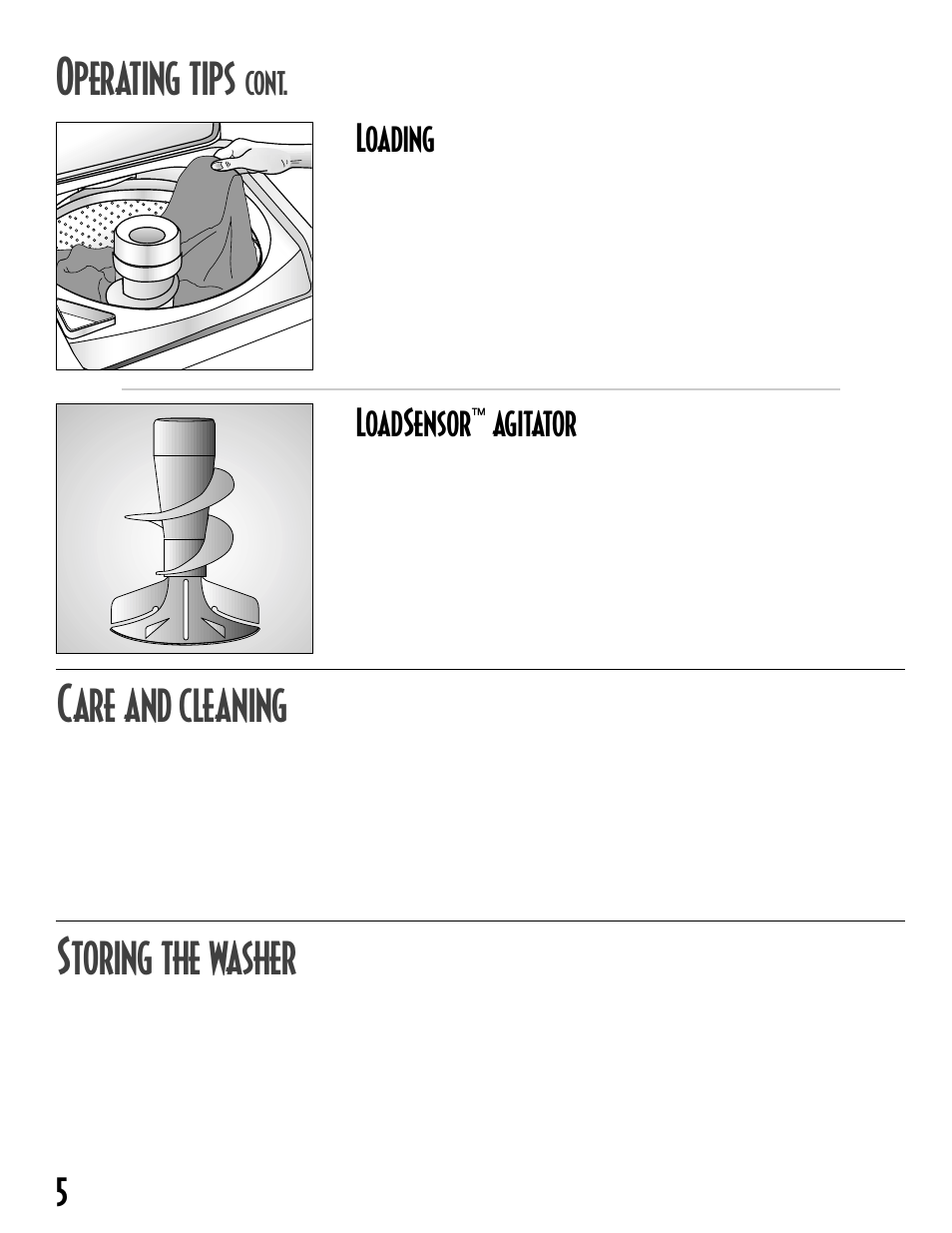 Are and cleaning, Toring the washer, Perating tips | 5loading, Loadsensor, Agitator, Cont | Maytag MAV-19 User Manual | Page 6 / 24