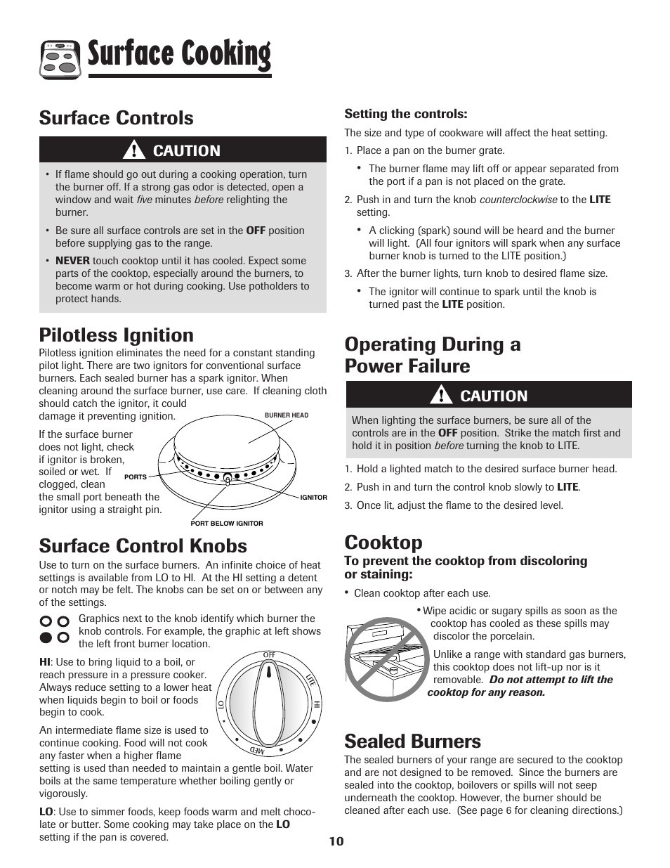 Surface cooking, Surface controls, Surface control knobs | Operating during a power failure, Pilotless ignition, Cooktop, Sealed burners, Caution | Maytag 8113P574-60 User Manual | Page 11 / 68