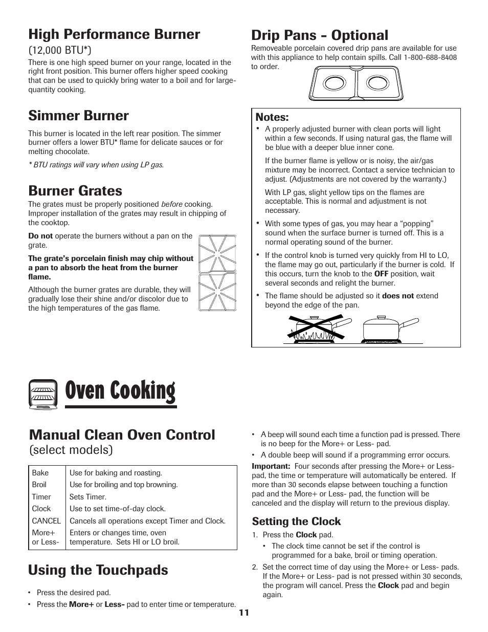 Oven cooking, High performance burner, Simmer burner | Burner grates, Drip pans - optional, Manual clean oven control, Using the touchpads, Select models) | Maytag 8113P574-60 User Manual | Page 12 / 68