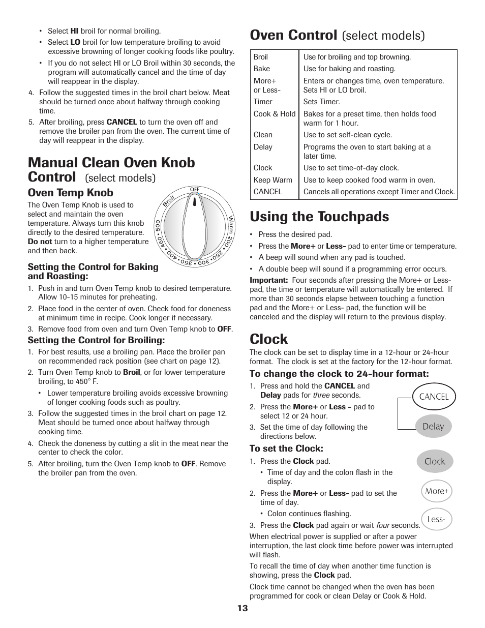 Manual clean oven knob control, Oven control, Using the touchpads | Clock, Select models), Select models) oven temp knob | Maytag 8113P574-60 User Manual | Page 14 / 68